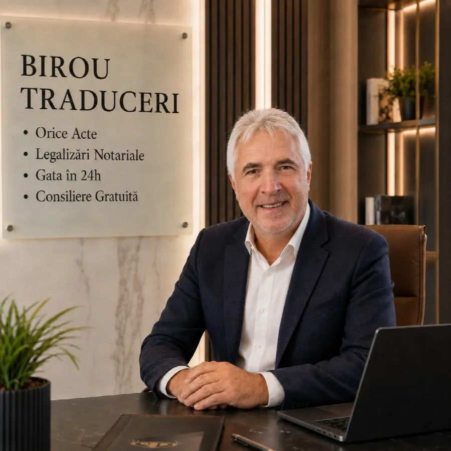 Birou de traduceri autorizate, cu un consilier la masa de lucru